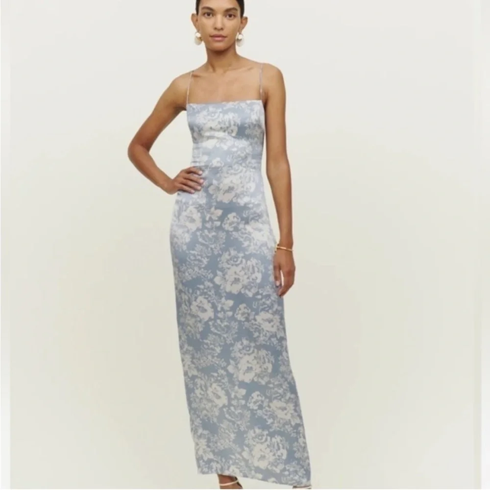 new Reformation Frankie silk square neck column dress in porcelain blue floral